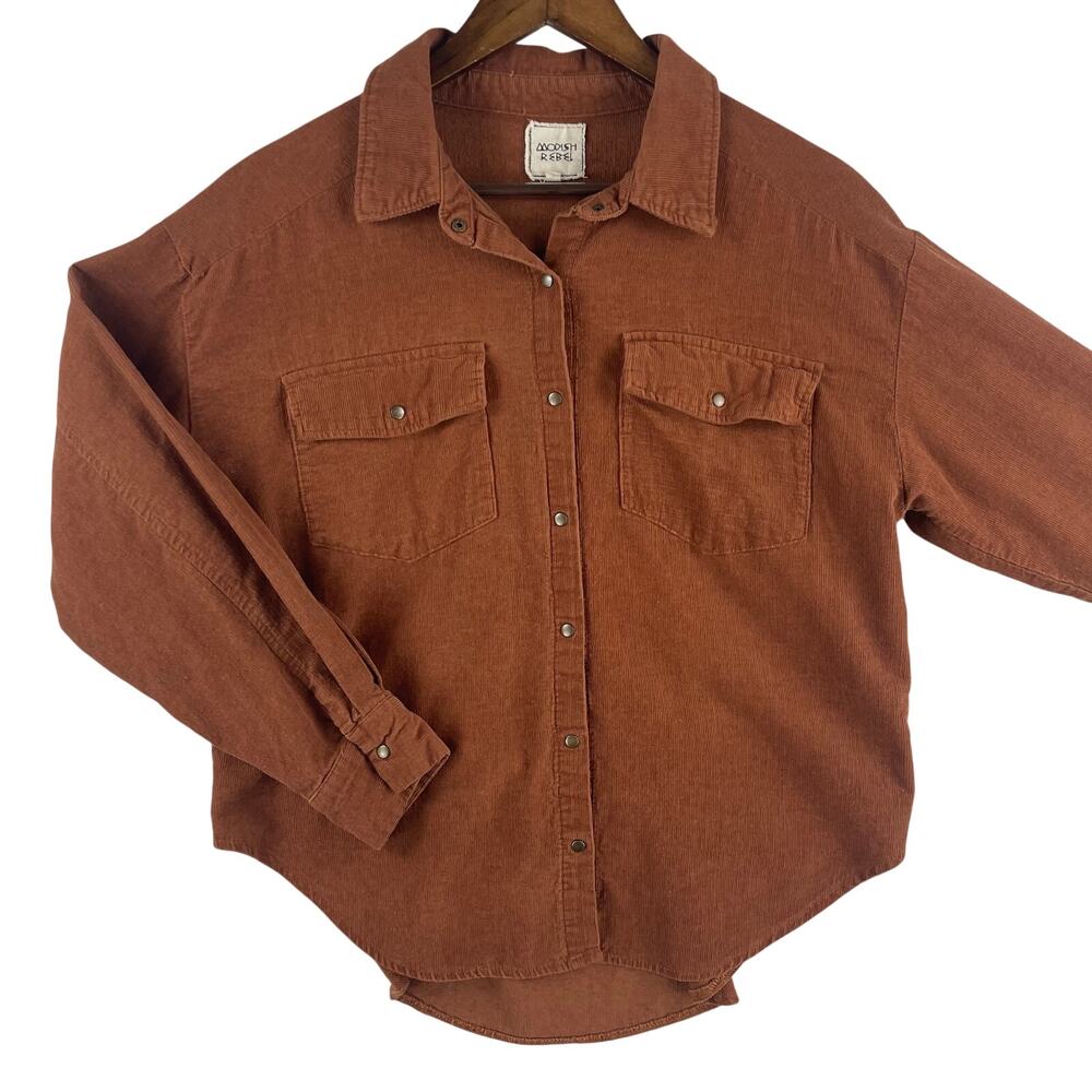 Modish Rebel Womens Baby Whale Corduroy Shirt L Rust Snap-Front Long Sleeve